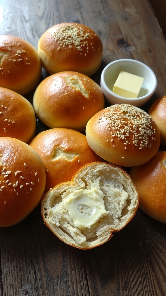 Simple Homemade Bread Buns Recipe Freshly baked golden brown bread buns on a wooden table with butter.